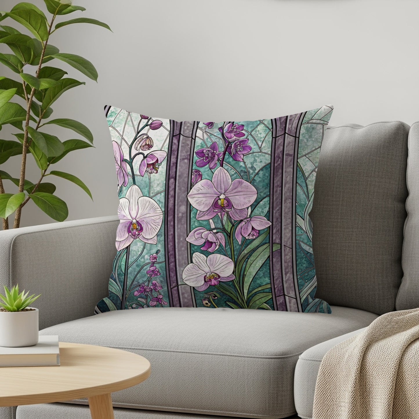 Elegant Stained Glass with Orchids Floral Motif Throw Pillows - Walk Greener