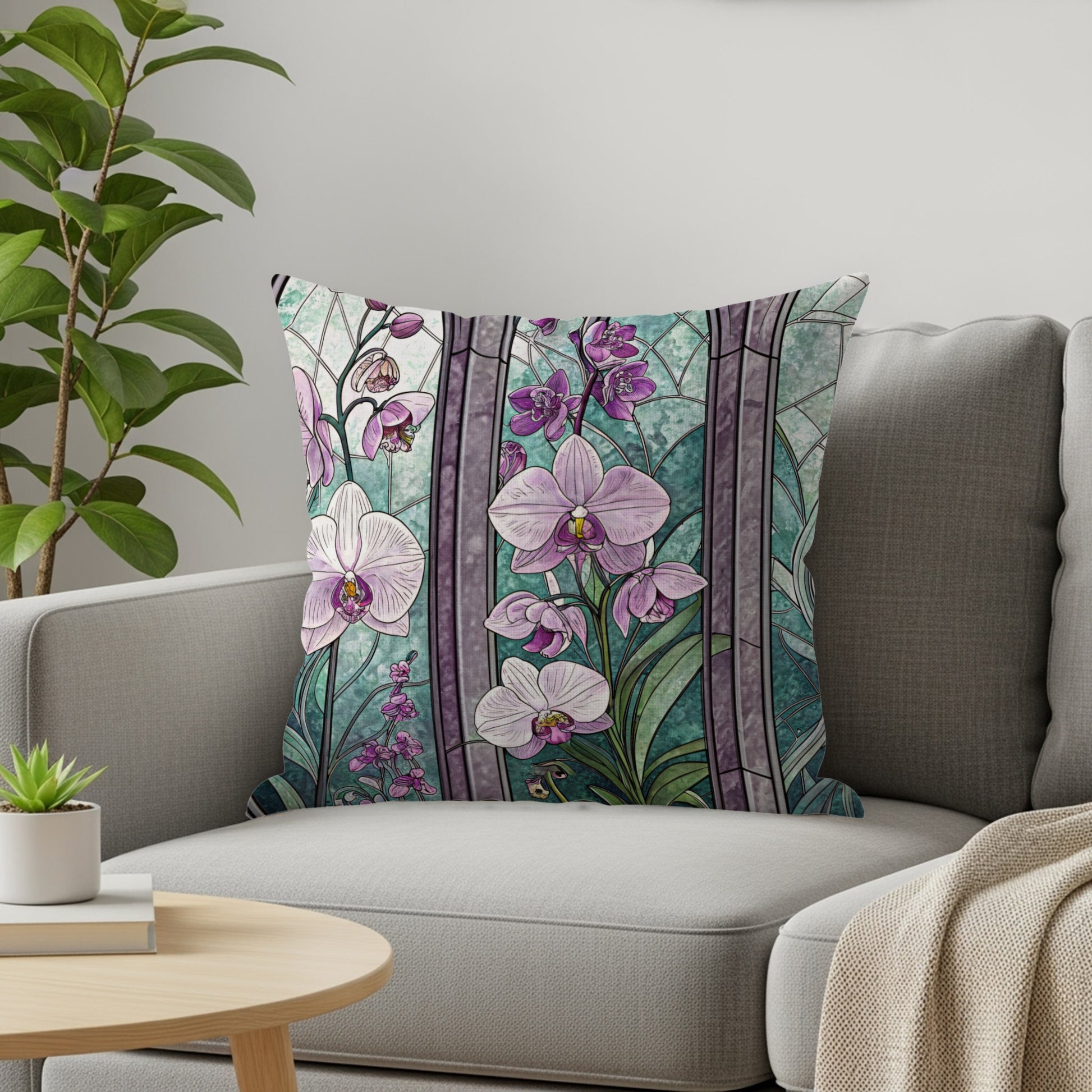 Elegant Stained Glass with Orchids Floral Motif Throw Pillows - Walk Greener