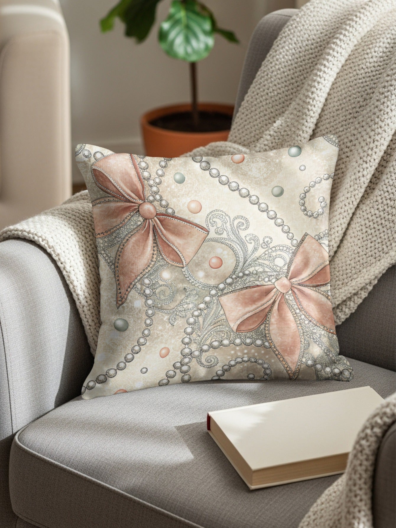 Pastel Bows Beads and Ornate Swirls Pattern Pillows & Pillow Cases - Walk Greener
