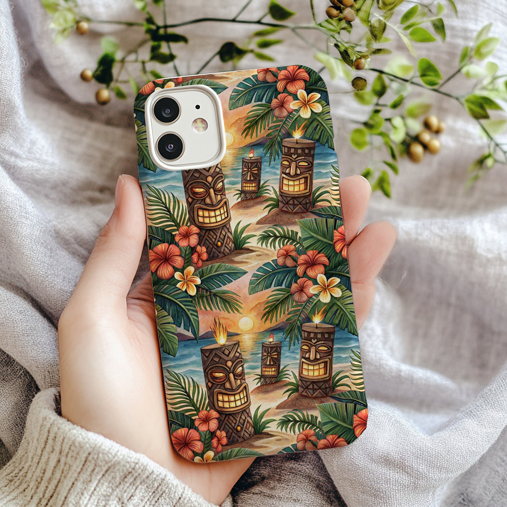 Tiki Statues On Tropical Beach Scene Custom Phone Case - Walk Greener