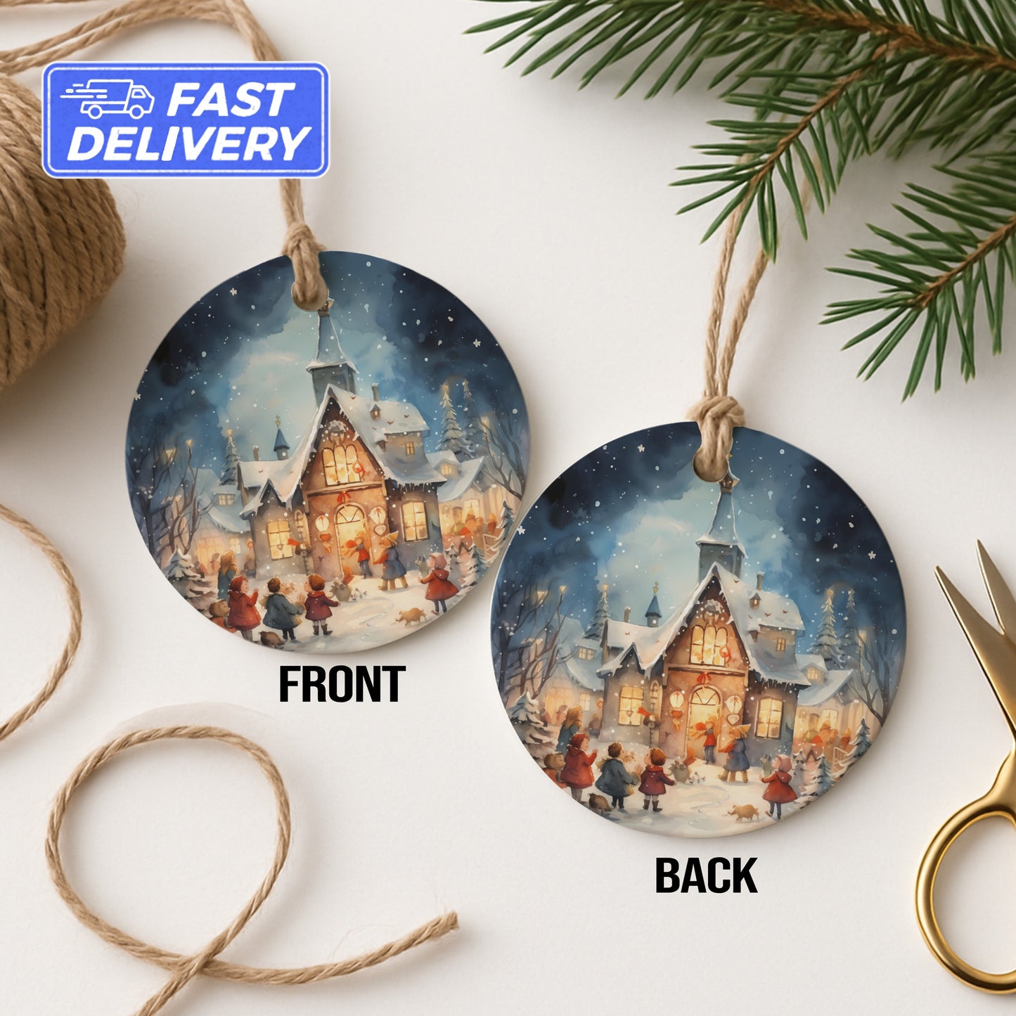 Festive Holiday Village Scene Double-Sided Hanging Ornament product