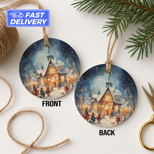 Festive Holiday Village Scene Double-Sided Hanging Ornament product