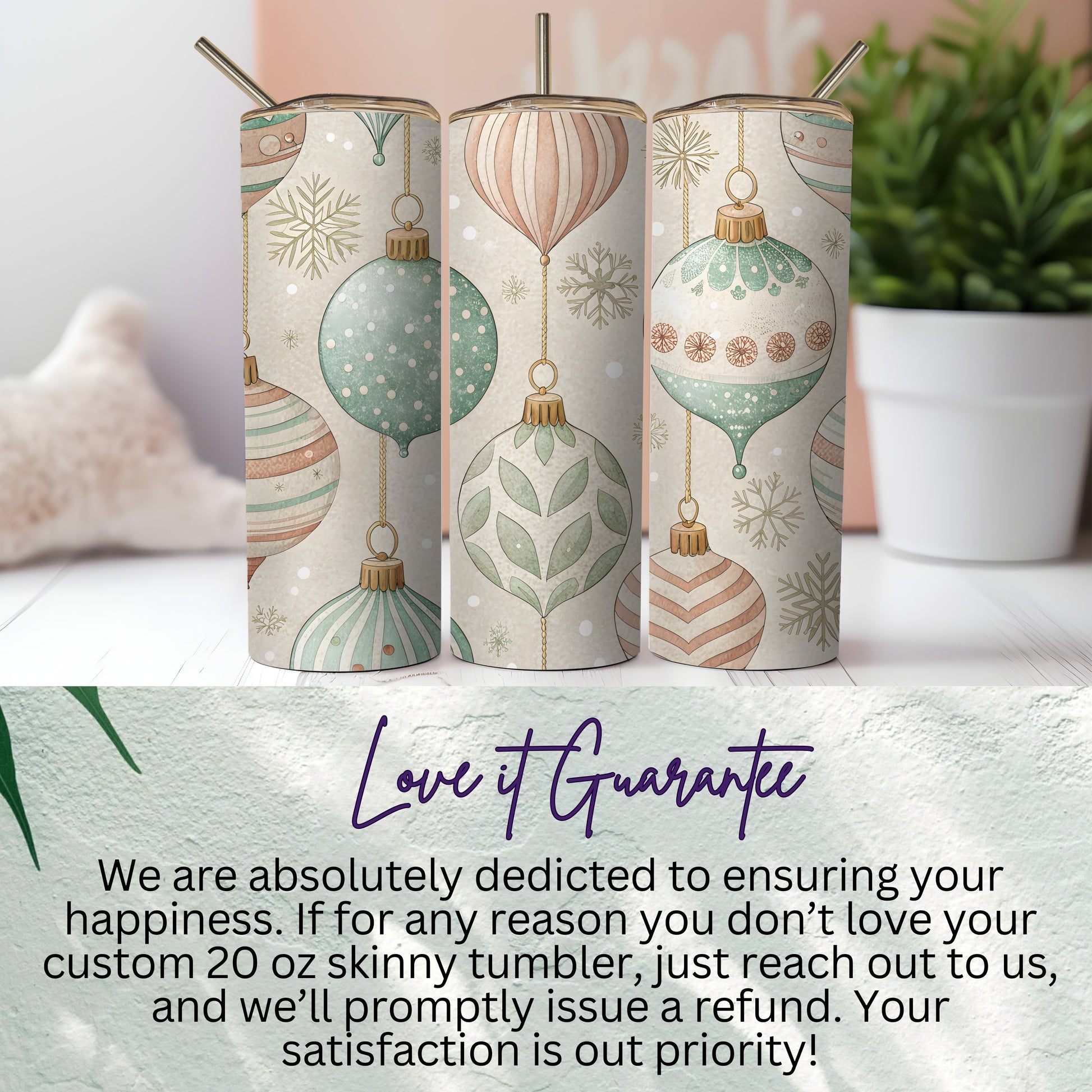 Custom 20 oz Skinny Tumbler with Holiday Ornaments
