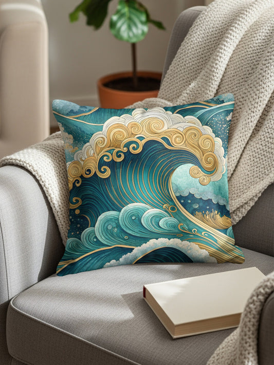 Oceanic Bliss Azure and Gold Waves Pattern Throw Pillows - Walk Greener