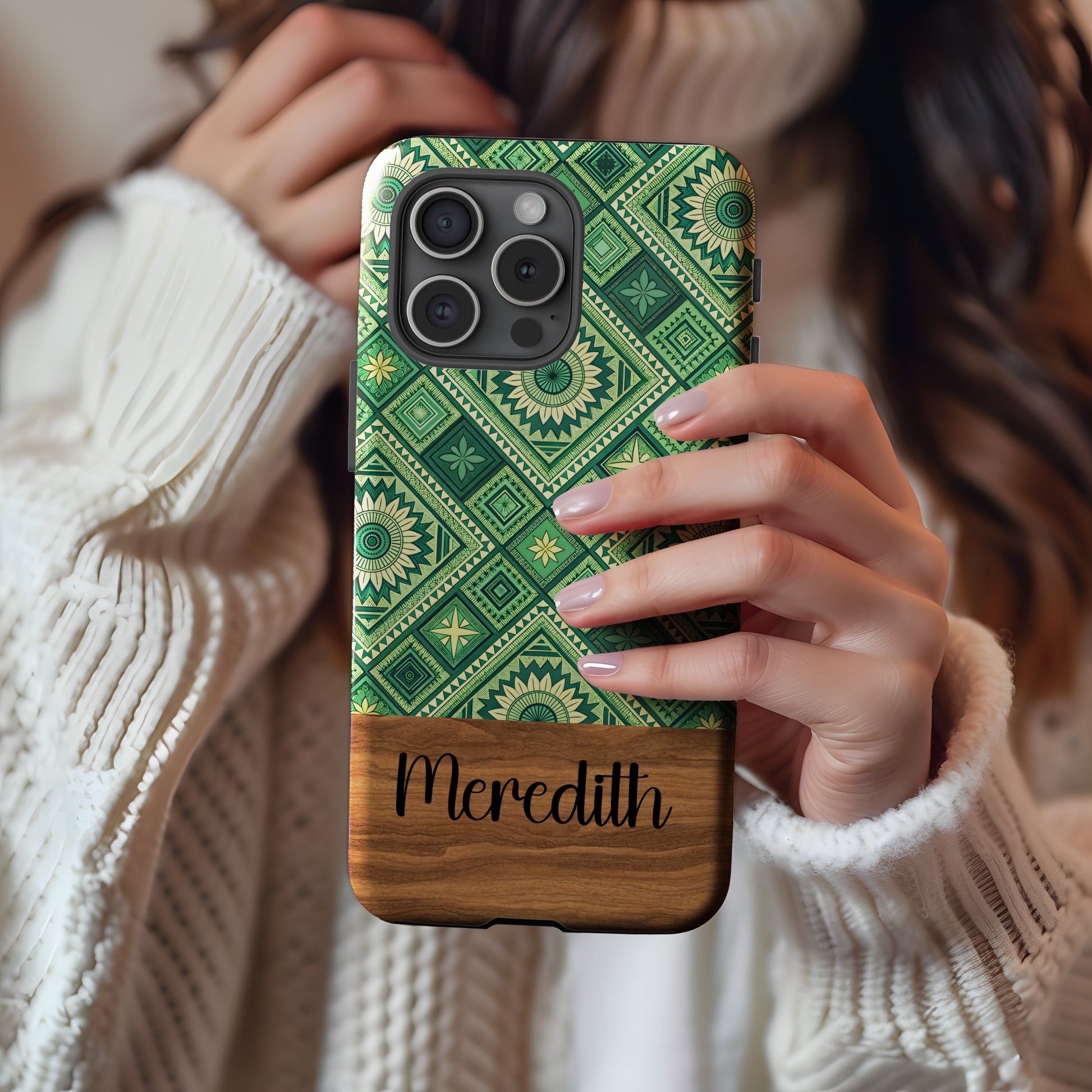 Geometric Green and Yellow Pattern with Custom Name Case - Walk Greener