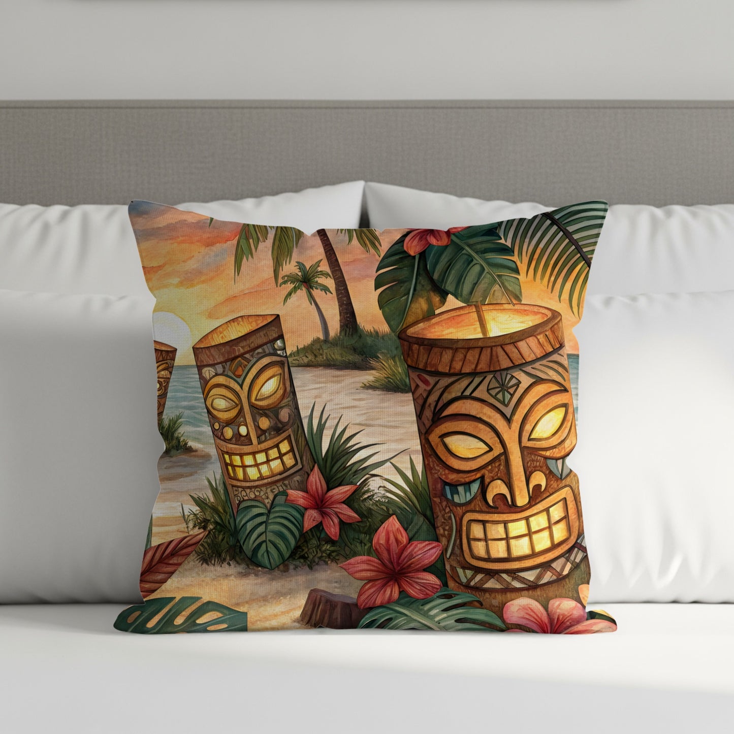 Tropical Sunset Tiki Mask Design Throw Pillow