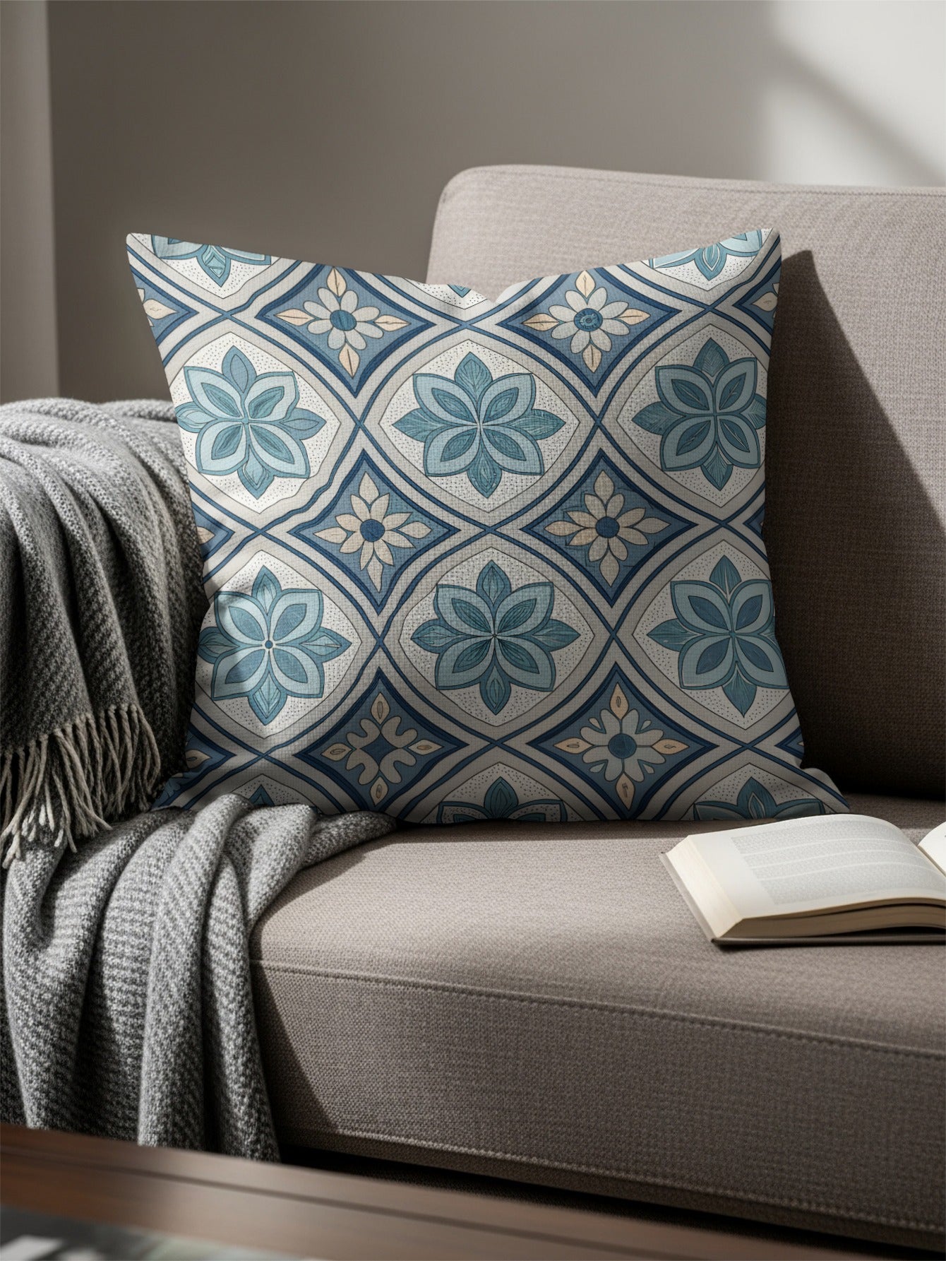 Blue and Beige Patterned Decorative Pillow Cushion