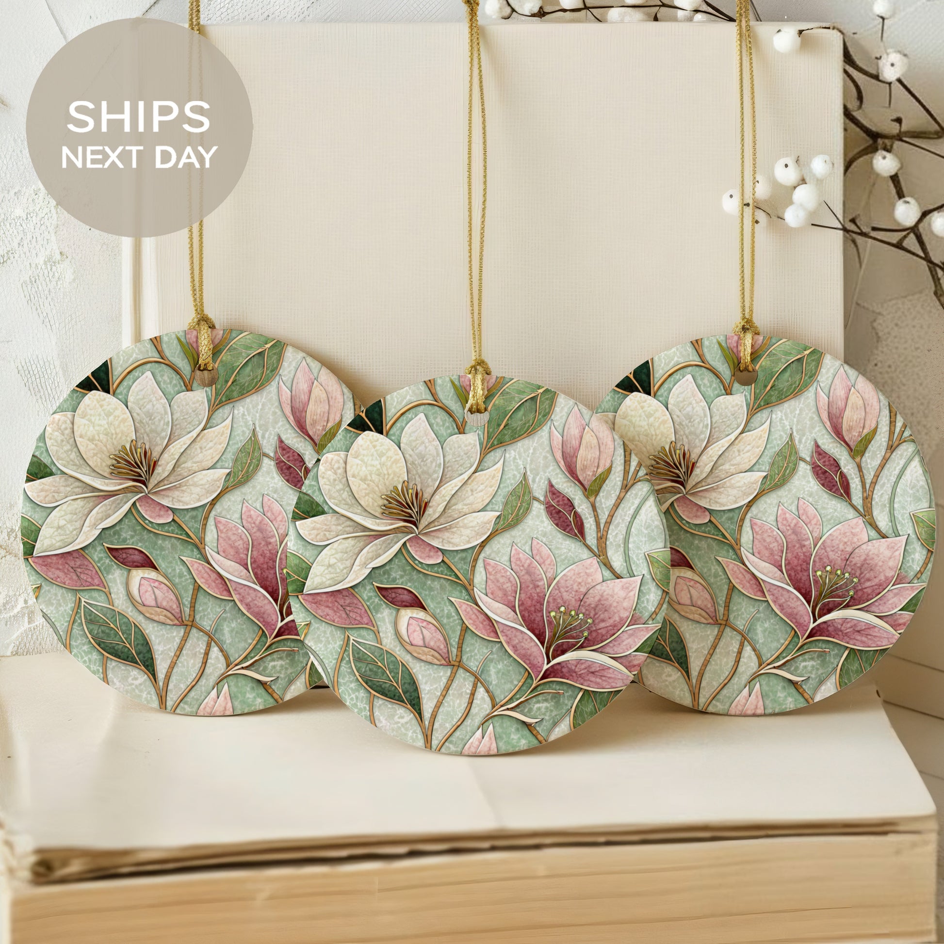 Elegant Floral Design Circular Ornament Ships Next Day