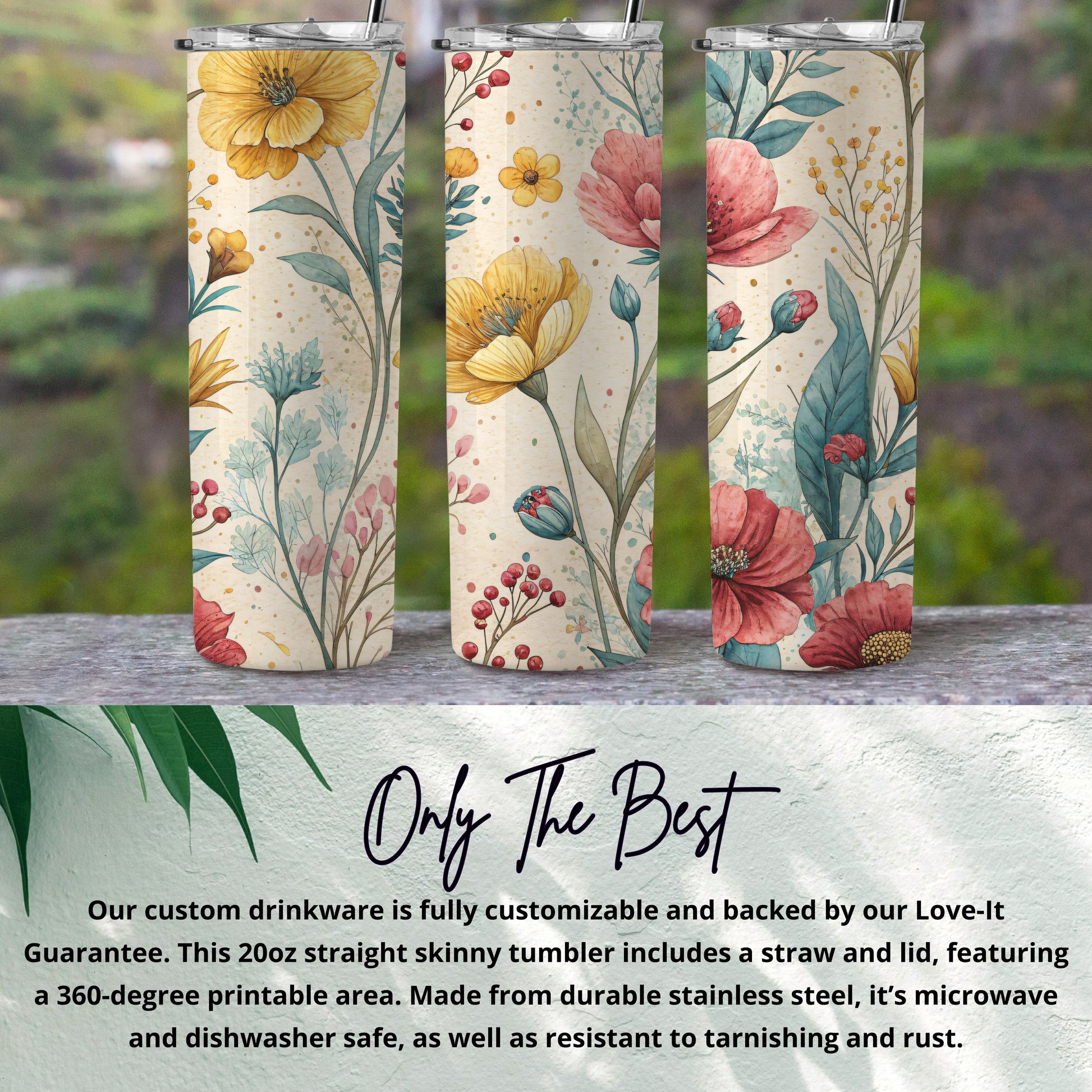 Watercolor Floral Pattern Lovely Blossoms 20 oz Skinny Tumbler - Walk Greener