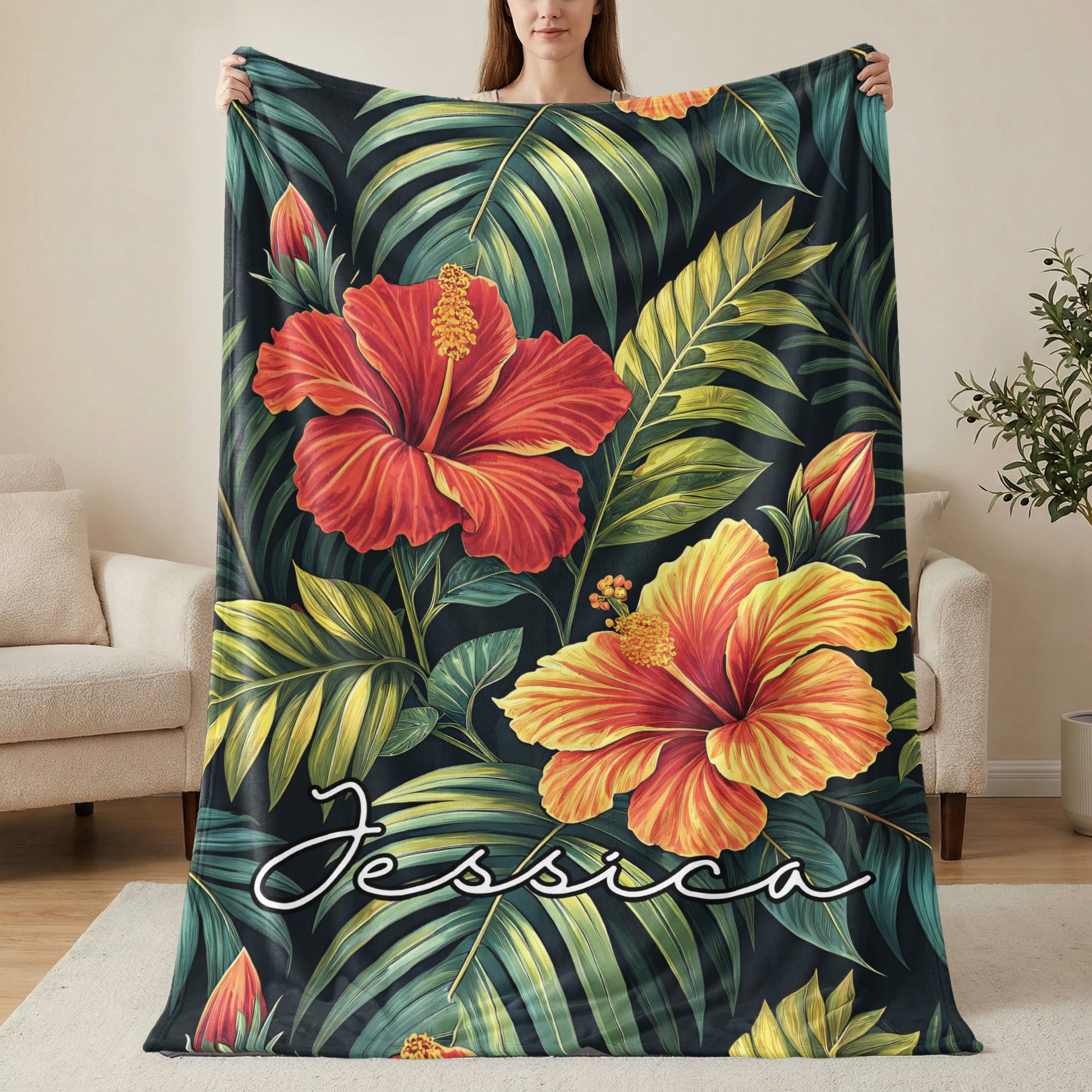 Tropical Hibiscus Flowers Custom Name Printed Blankets - Walk Greener