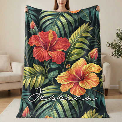 Tropical Hibiscus Flowers Custom Name Printed Blankets - Walk Greener