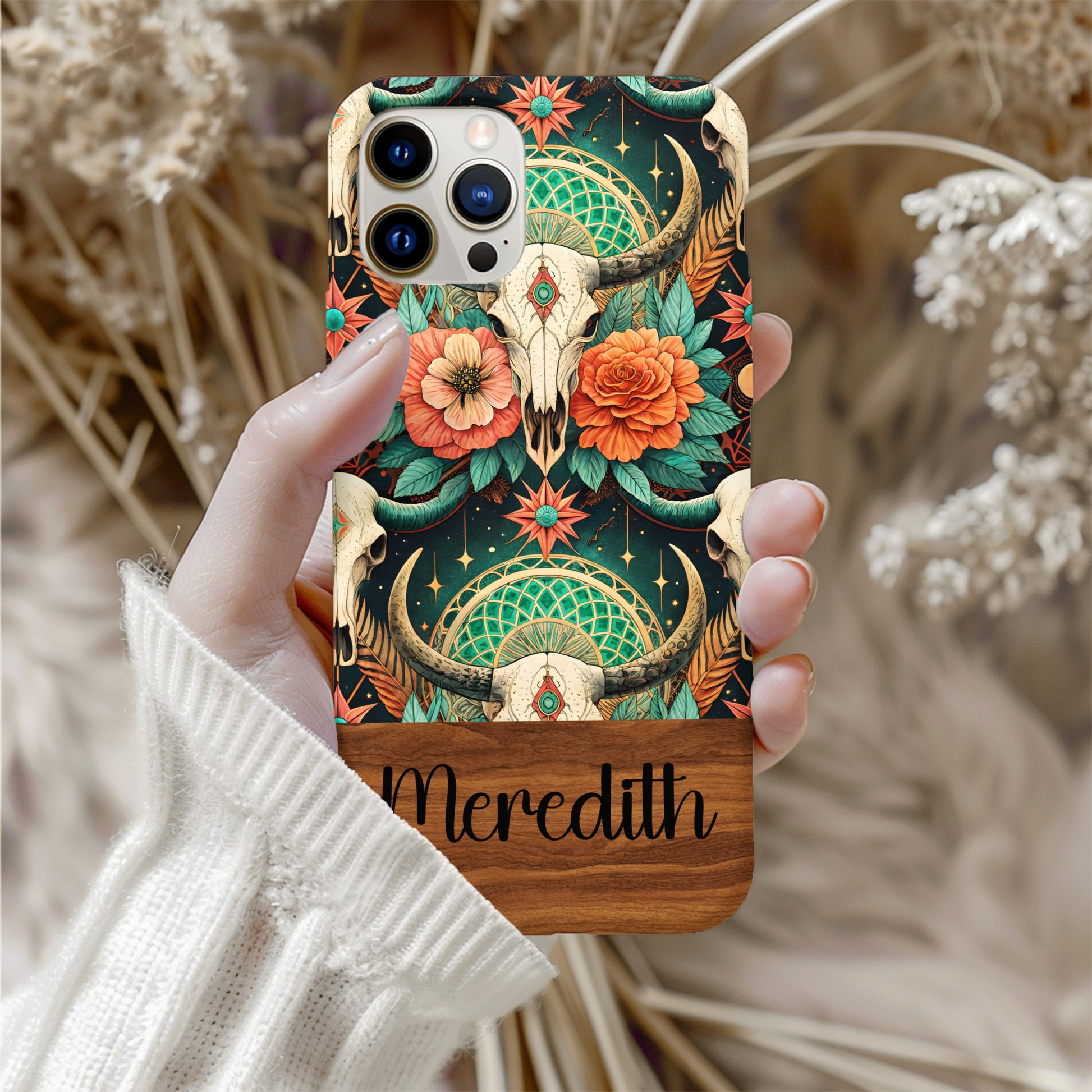 Boho Skull Floral Pattern With Custom Name Initial Phone Case - Walk Greener