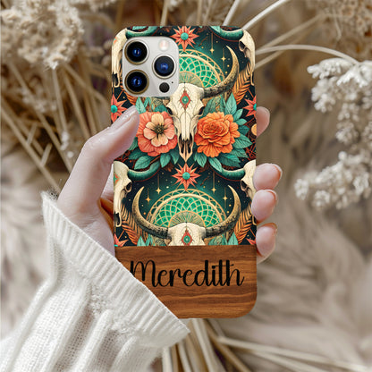 Boho Skull Floral Pattern With Custom Name Initial Phone Case - Walk Greener