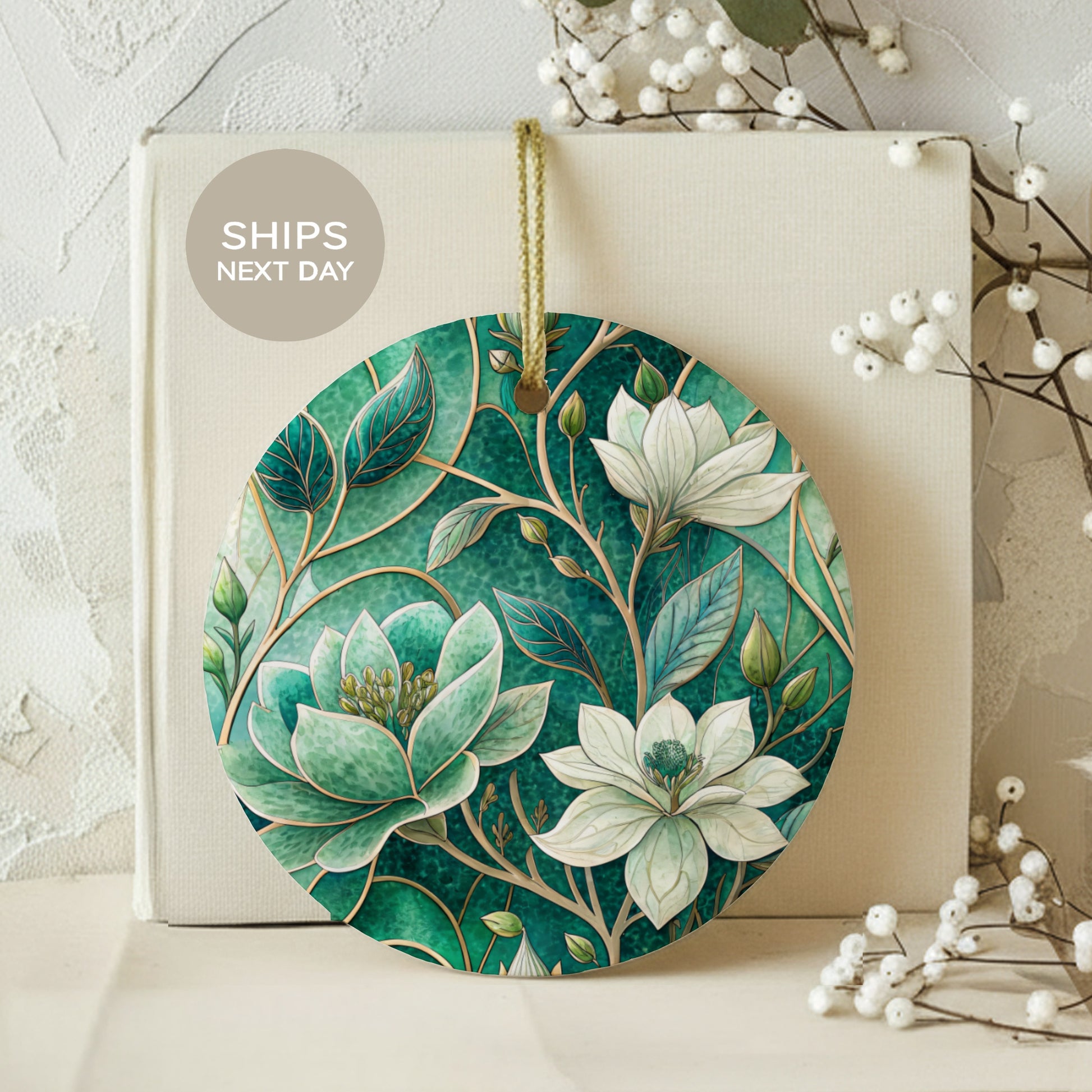 Elegant Floral Round Ornament Ships Next Day Christmas Decor