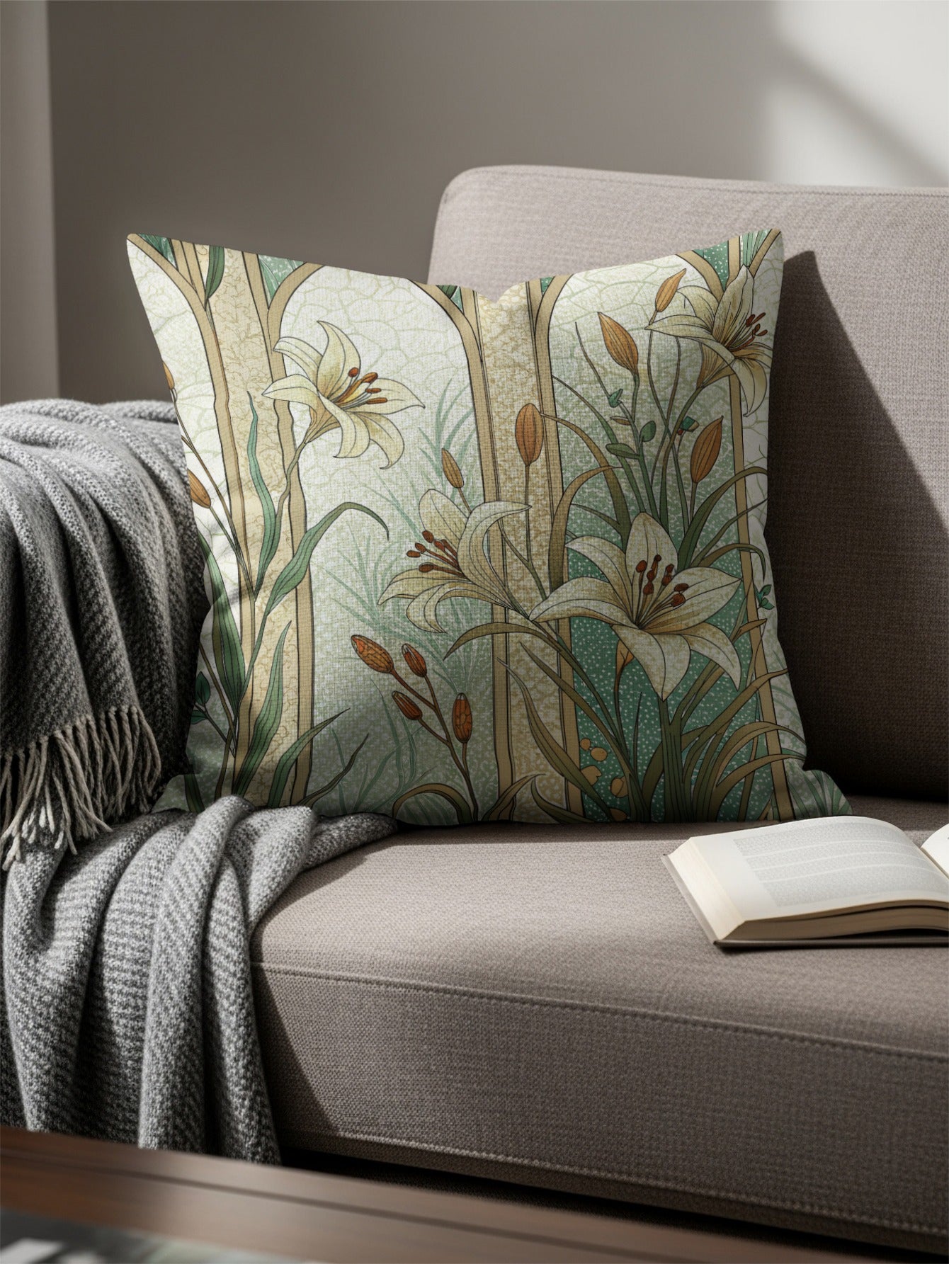 Floral Beauty Lilies Within Arches on Light Green Throw Pillows - Walk Greener