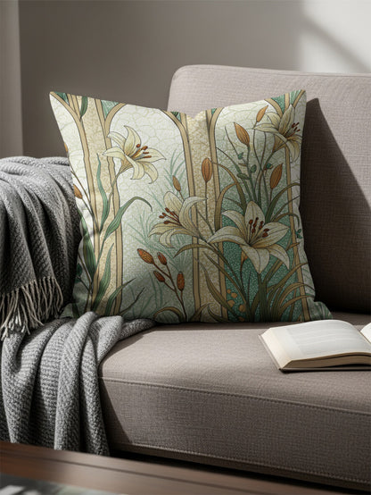 Floral Beauty Lilies Within Arches on Light Green Throw Pillows - Walk Greener
