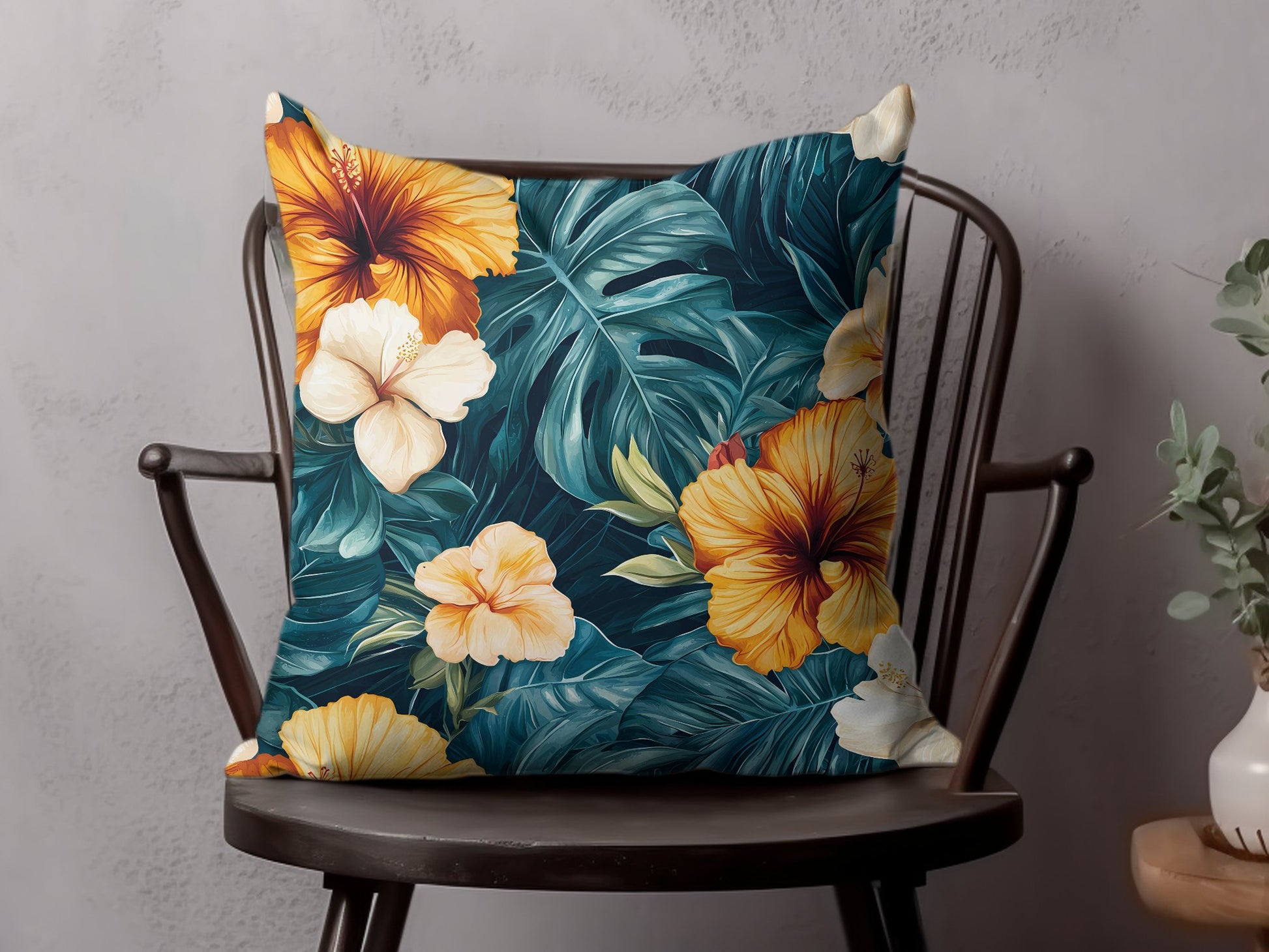 Tropical Floral Cushion Cover, Hibiscus and Palm Leaves Design, Vibrant Throw Pillow Case for Home Decor