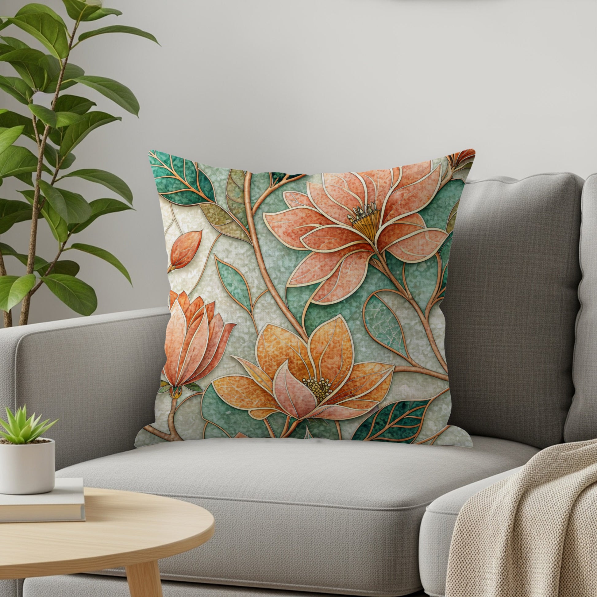 Stained Glass Inspired Floral Artwork Pattern Throw Pillows - Walk Greener