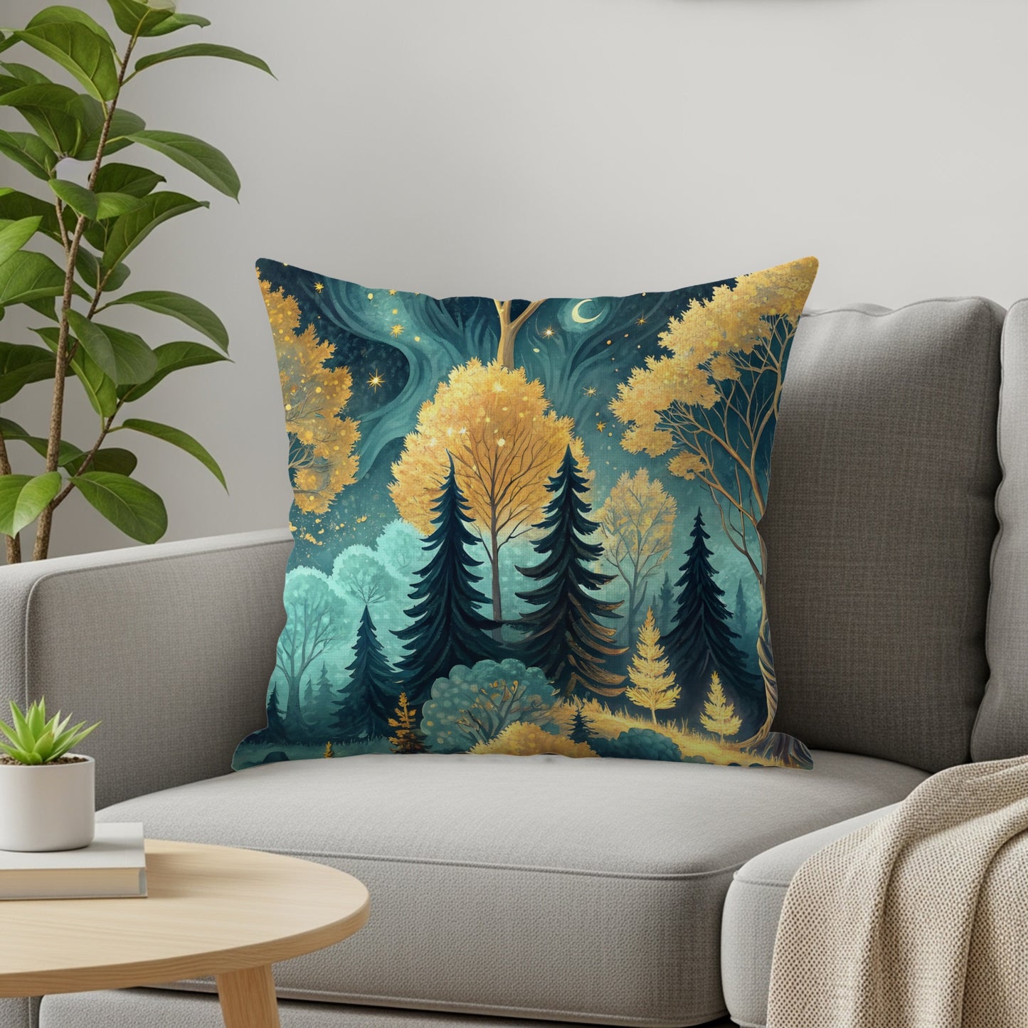 Enchanted Forest Night Scene with Gold Trees Throw Pillows - Walk Greener