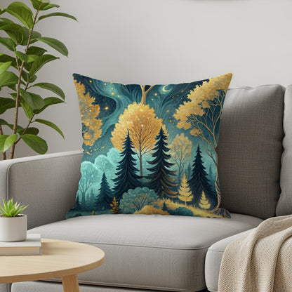 Enchanted Forest Night Scene with Gold Trees Throw Pillows - Walk Greener