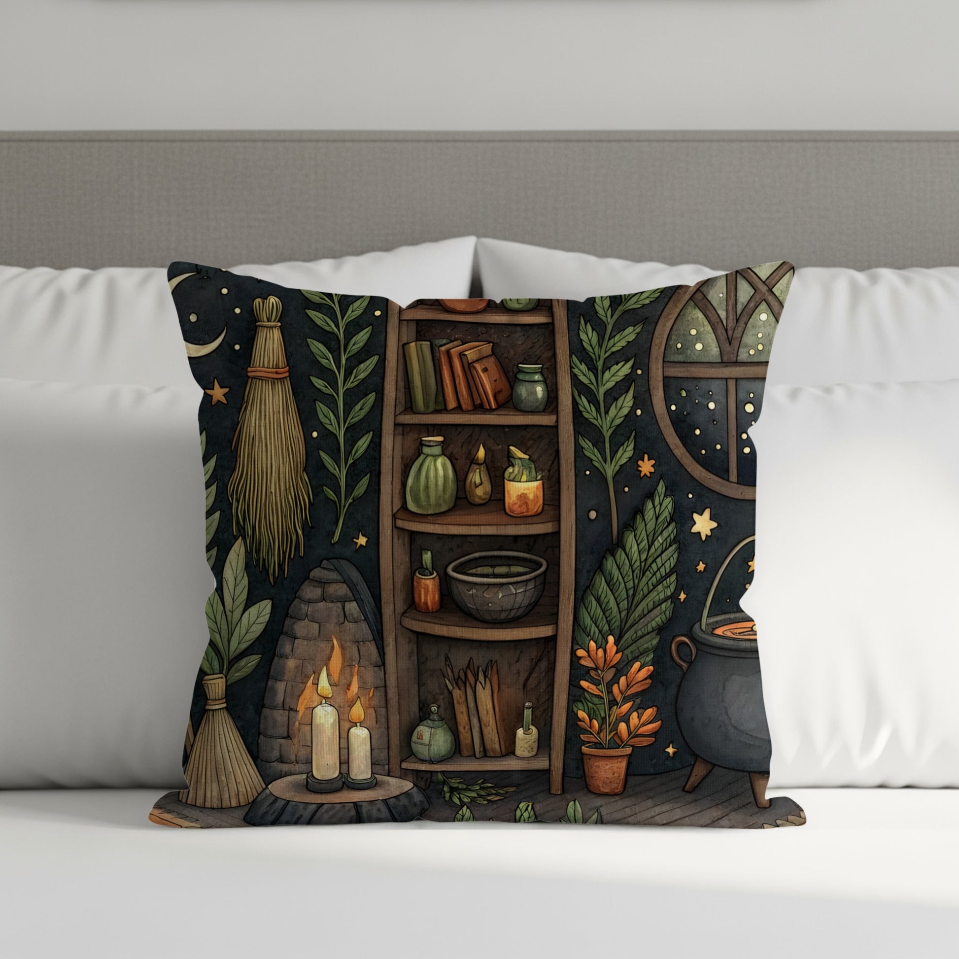 Cozy Witch Cottage with Cauldron and Candle Throw Pillows - Walk Greener