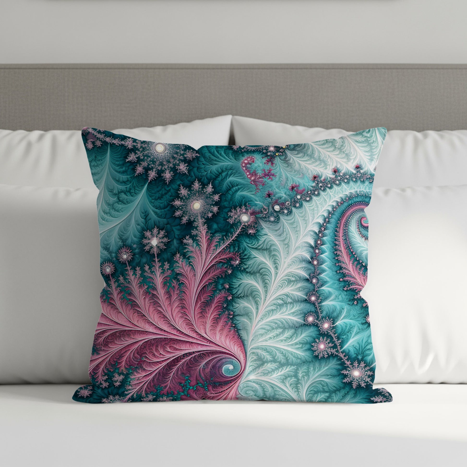 Abstract Fractal Design Teal and Pink Throw Pillow