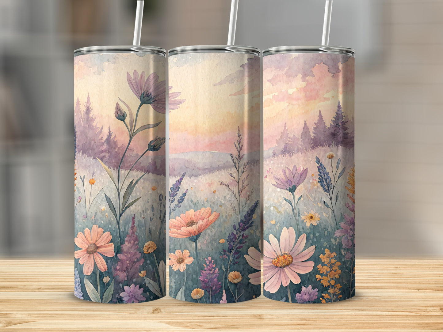 Floral Field Watercolor Painting Art Print 20 oz Skinny Tumbler - Walk Greener
