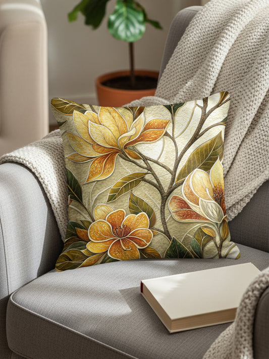 Golden Floral Bloom with Branch Artistic Decor Throw Pillows - Walk Greener