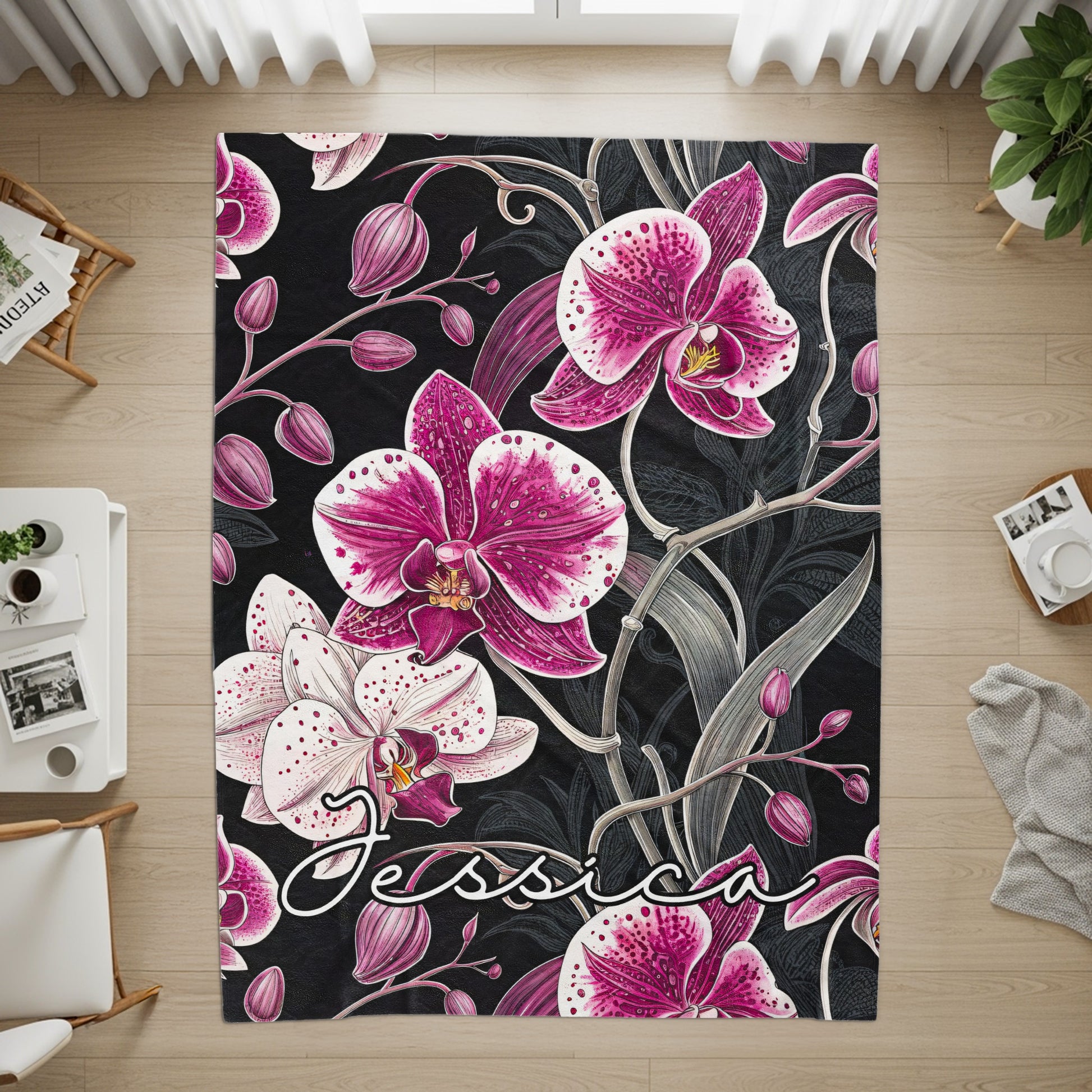 Custom Name Floral Design with Orchids on a Black Backdrop - Walk Greener