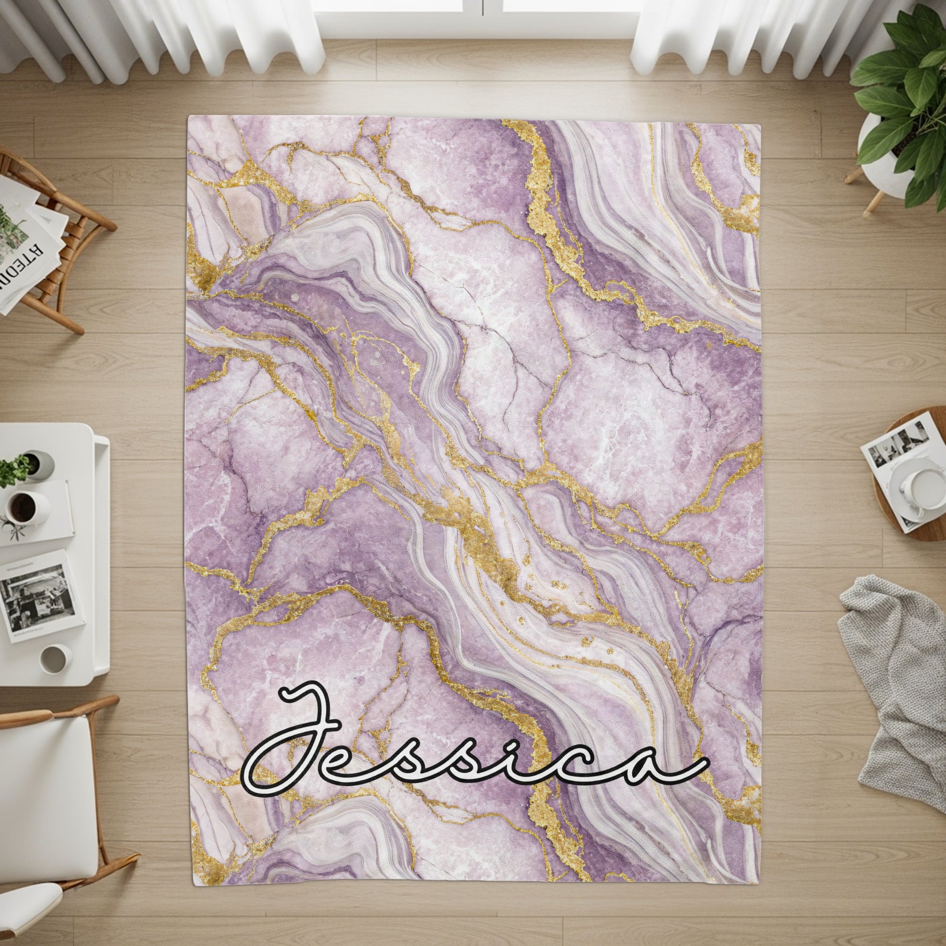 Custom Purple and Gold Marble Design Area Rug