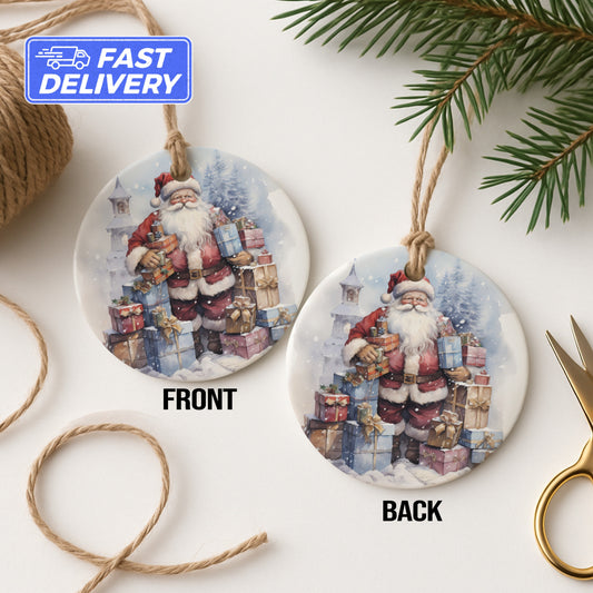 Santa Claus and Gifts Round Christmas Ornament product