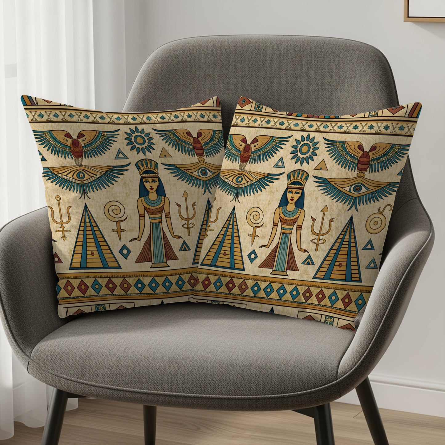 Egyptian Ancient Style Figures Symbols Teal Gold Pillows & Pillow Cases - Walk Greener