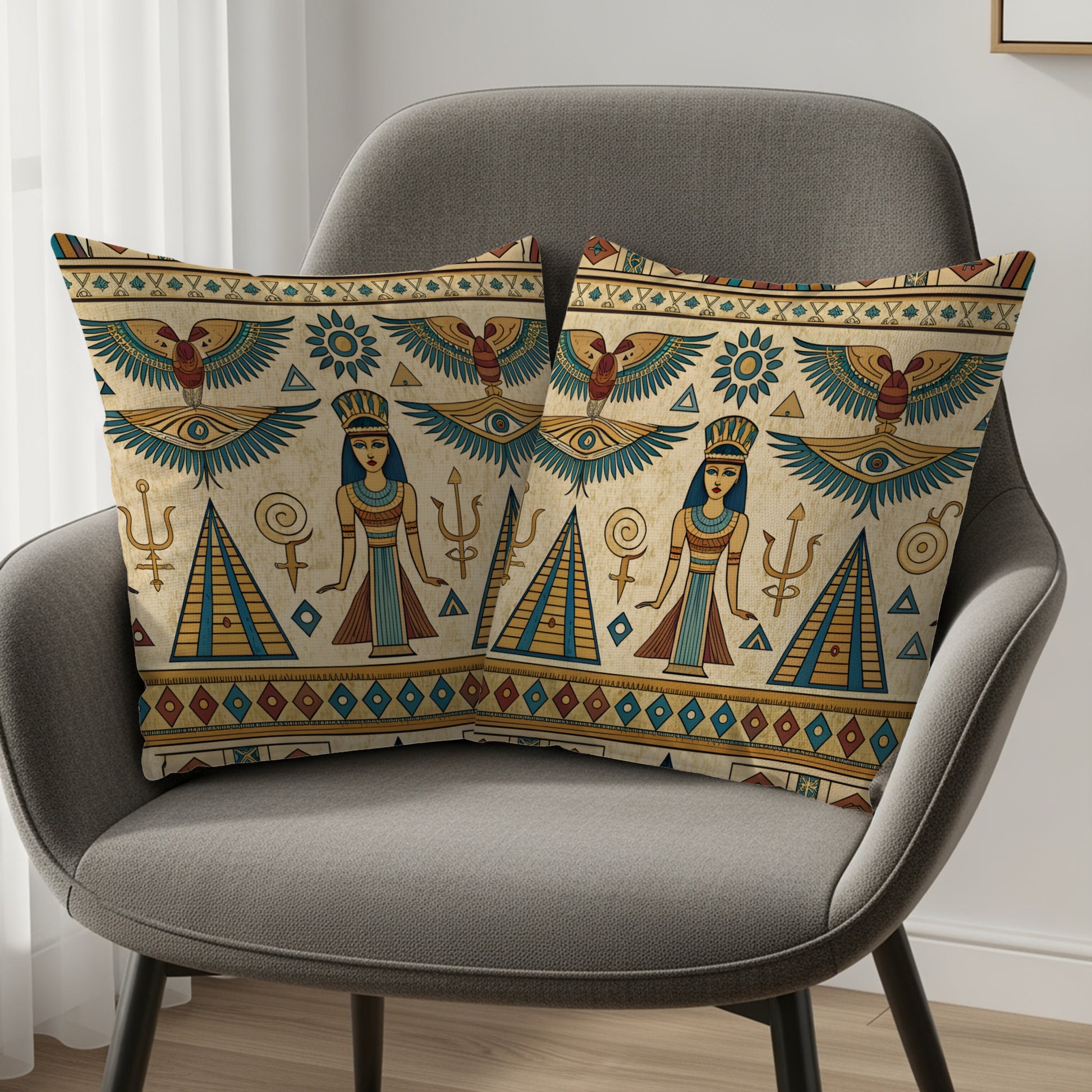 Egyptian Ancient Style Figures Symbols Teal Gold Pillows & Pillow Cases - Walk Greener