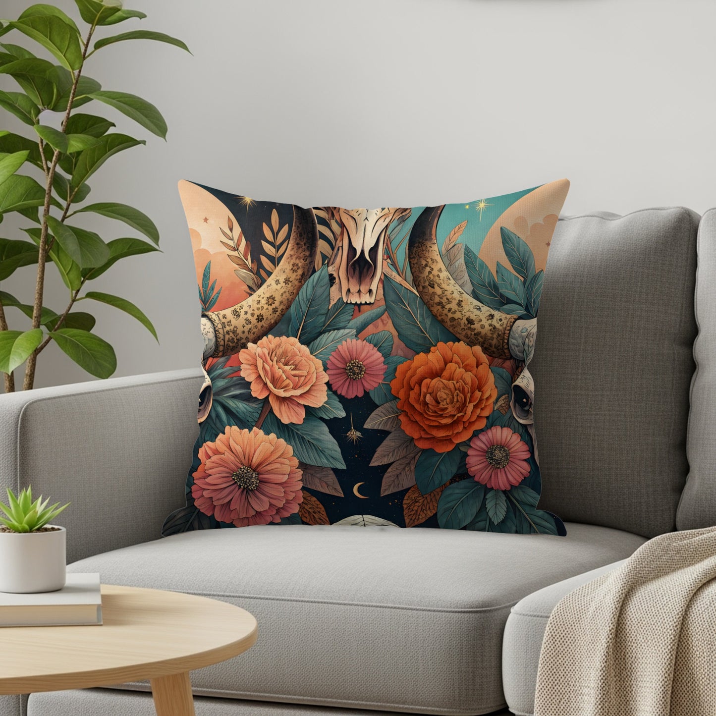 Vibrant Skull with Floral Design Decorative Pillow Product