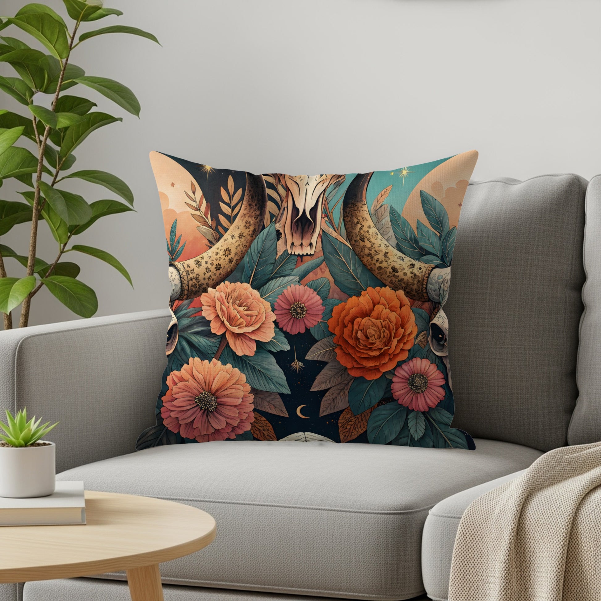 Vibrant Skull with Floral Design Decorative Pillow Product