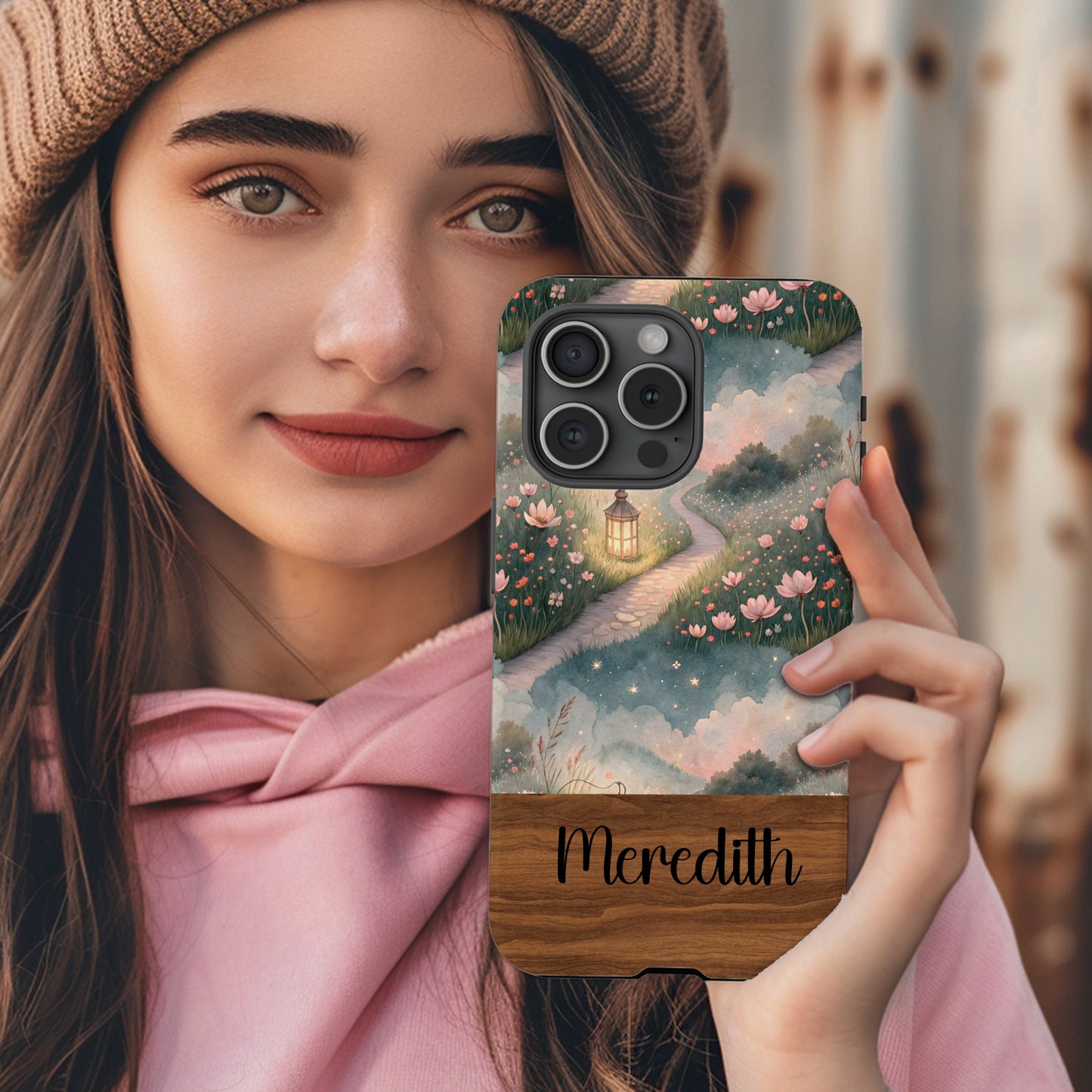 Floral Pathway Lamp Post Scenery with Custom Name Custom Phone Case - Walk Greener