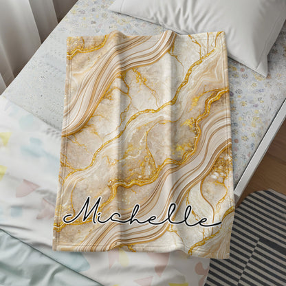 Elegant Gold Veined Marble Background Custom Name Blanket - Walk Greener