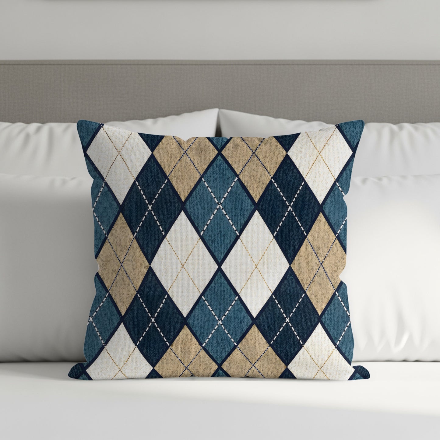 Blue Tan and White Diamond Patterned Argyle Throw Pillows - Walk Greener