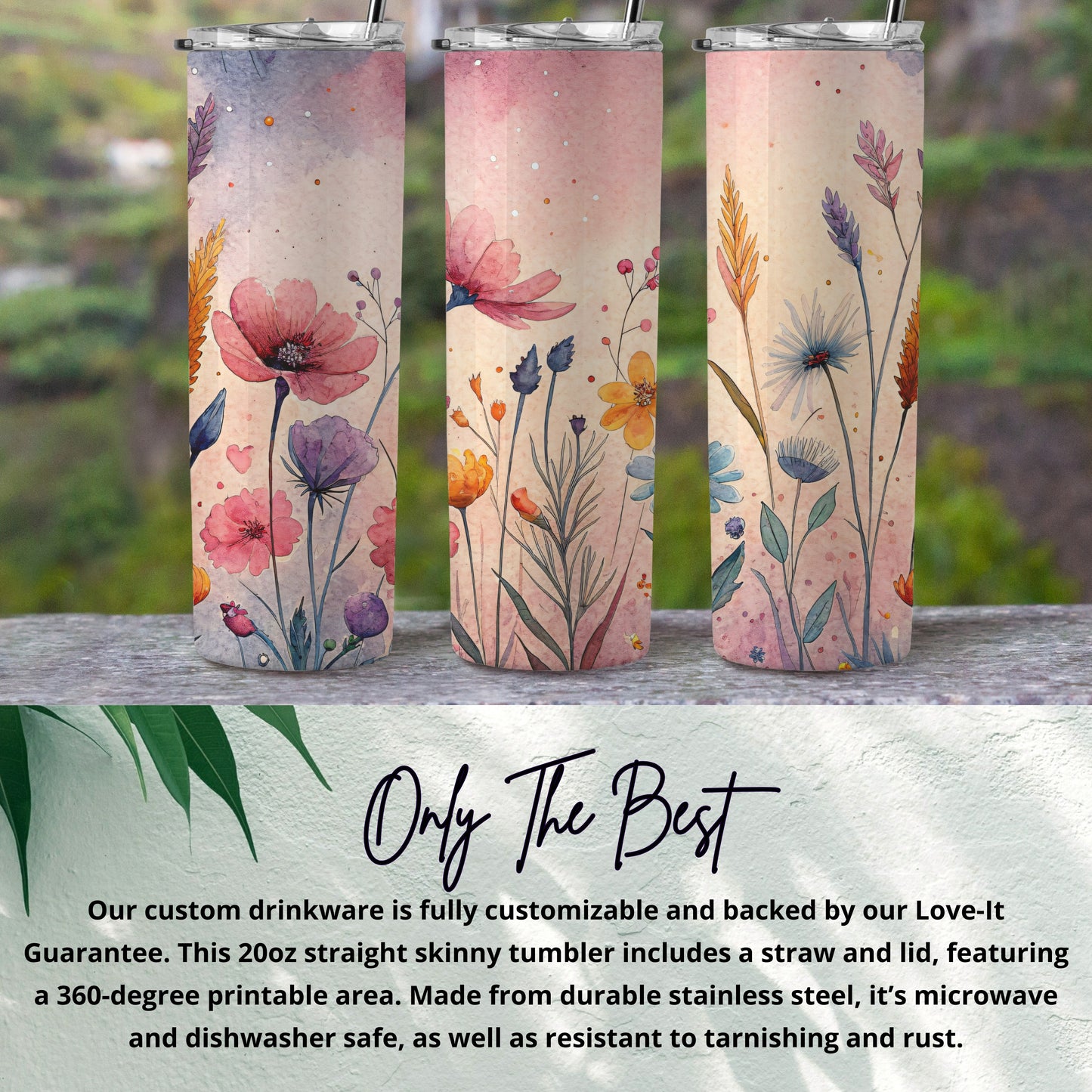 Watercolor Floral Field On Light Pink 20 oz Skinny Tumbler - Walk Greener