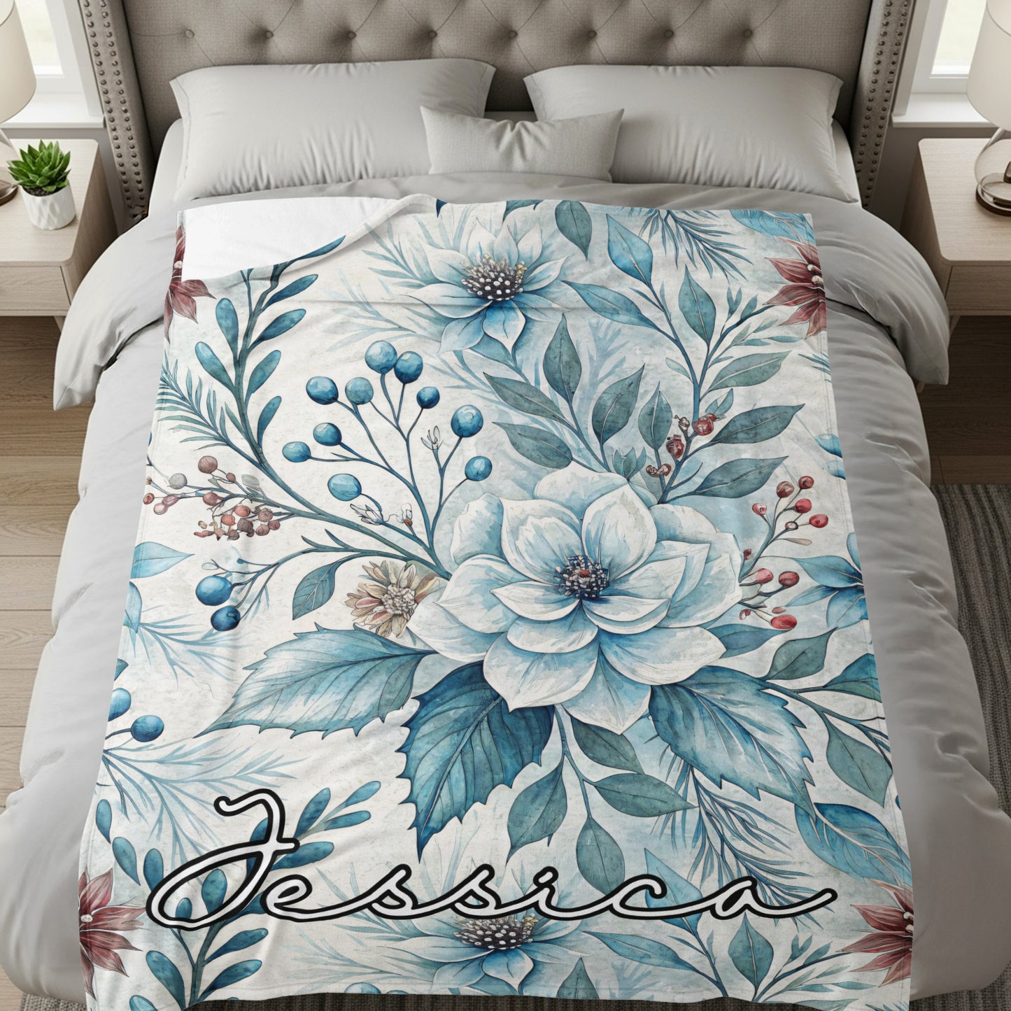Personalized Floral Jessica Blanket with Blue Flowers
