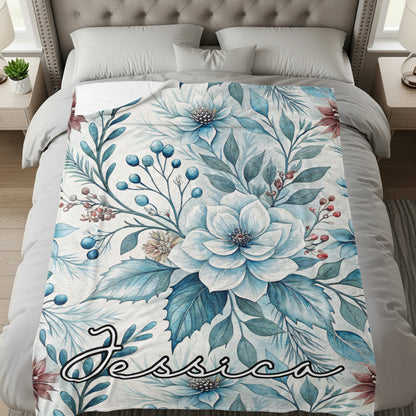Personalized Floral Jessica Blanket with Blue Flowers