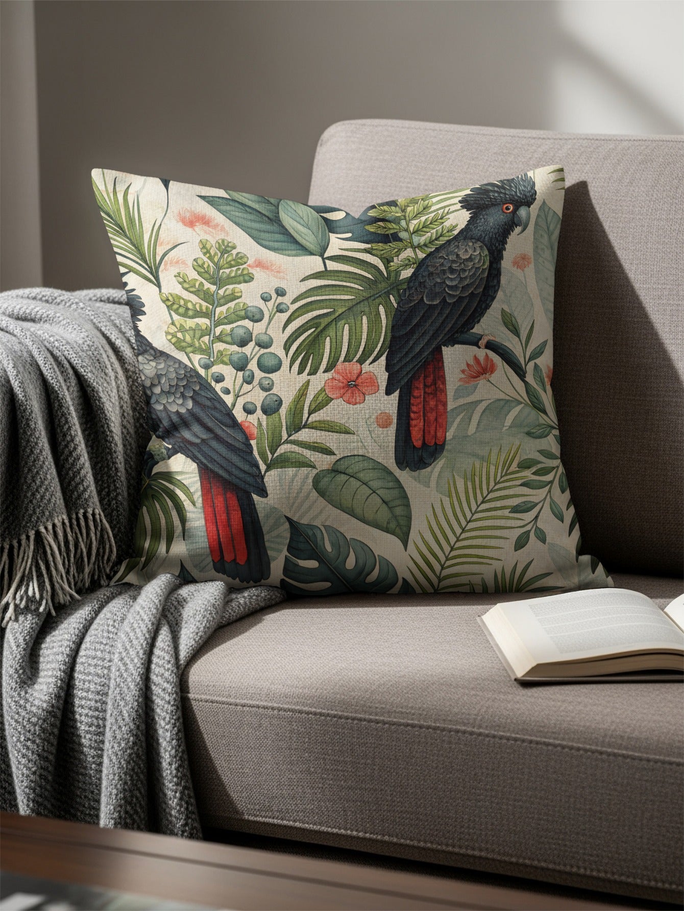 Tropical Parrot and Foliage Design Throw Pillow