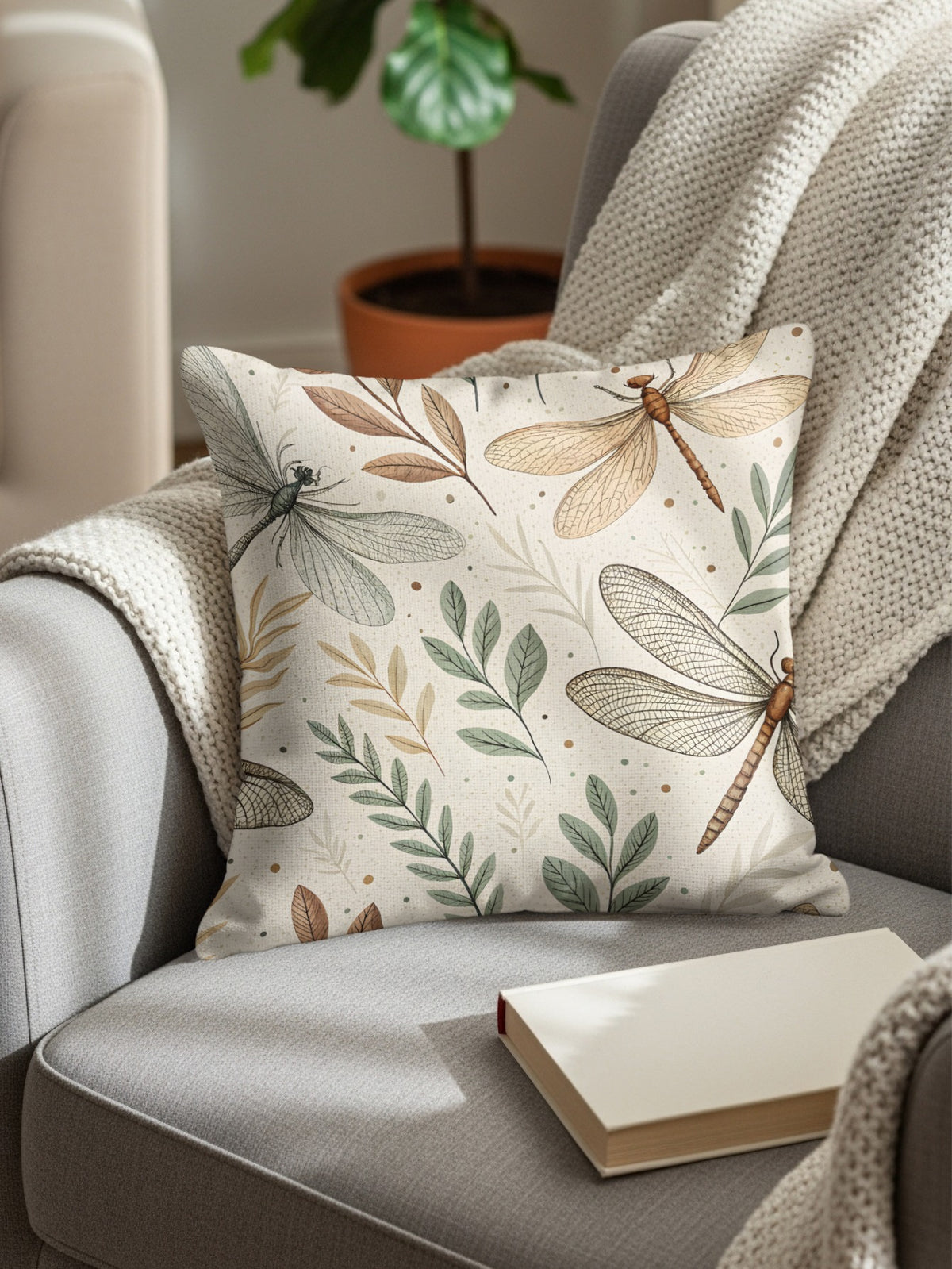 Square throw pillow with a detailed botanical illustration of dragonflies with lace-like wings among sage green and tan leaf branches on a cream background, styled on a grey armchair