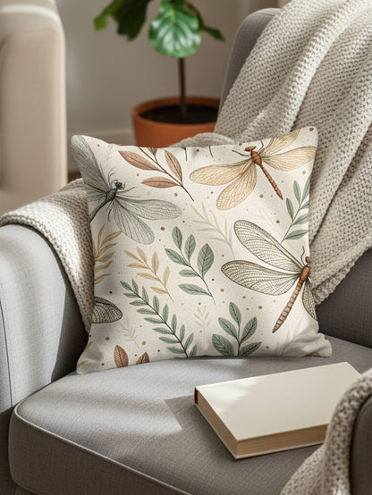 Square throw pillow with a detailed botanical illustration of dragonflies with lace-like wings among sage green and tan leaf branches on a cream background, styled on a grey armchair