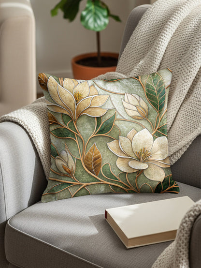 Ivory Petals Green Leaves Artistic Floral Design Throw Pillows - Walk Greener