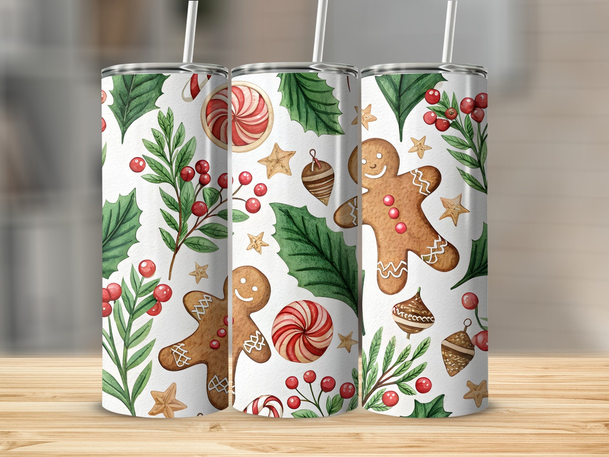 Watercolor Festive Pattern with Ginger Bread and Holly Tumbler - Walk Greener