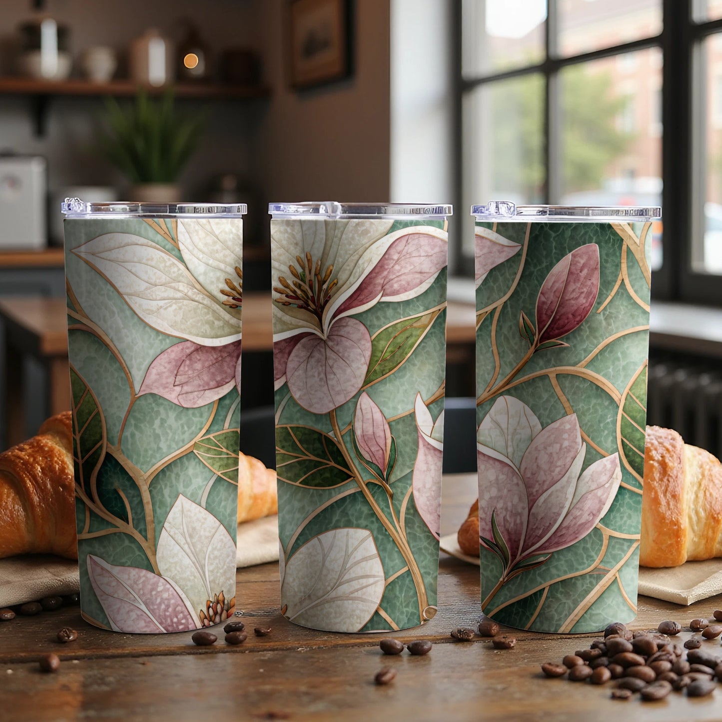 Magnolia Flowers Art Deco Style Watercolor Floral Design 20 oz Skinny Tumbler - Walk Greener