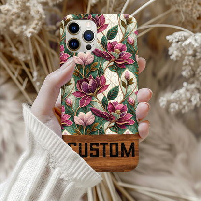 Custom Floral Design Phone Case with Wood Accent