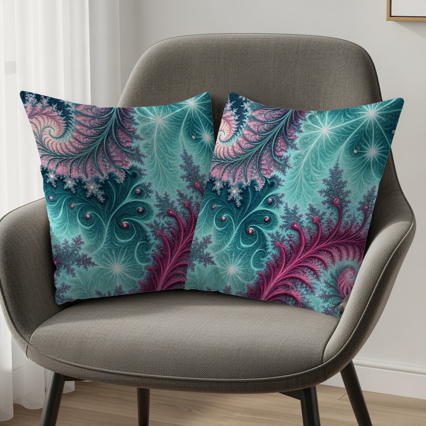 Turquoise Fractal with Pink Accent Design Decor Throw Pillows - Walk Greener