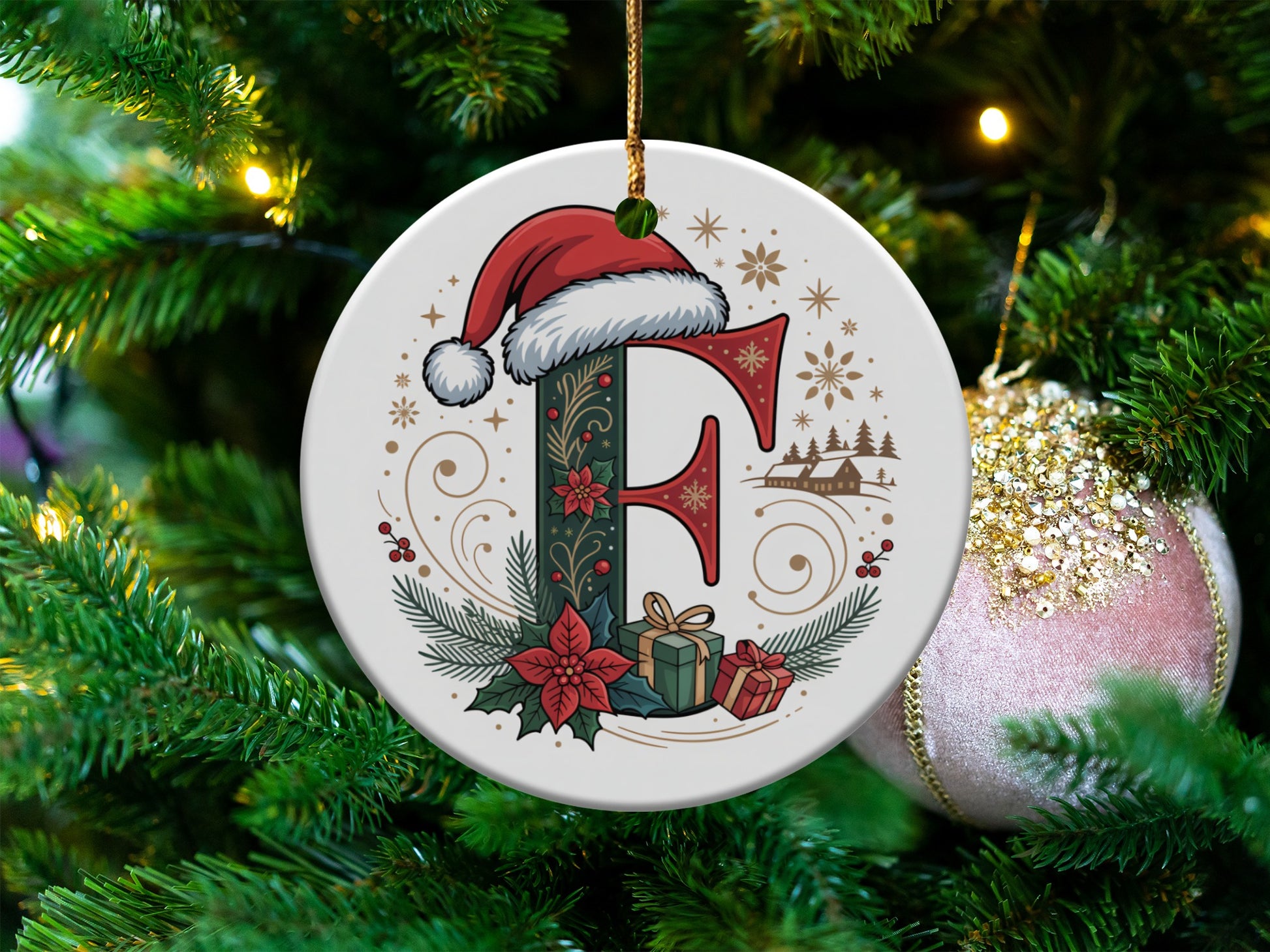 Christmas Alphabet F with Santa Hat Ornament product